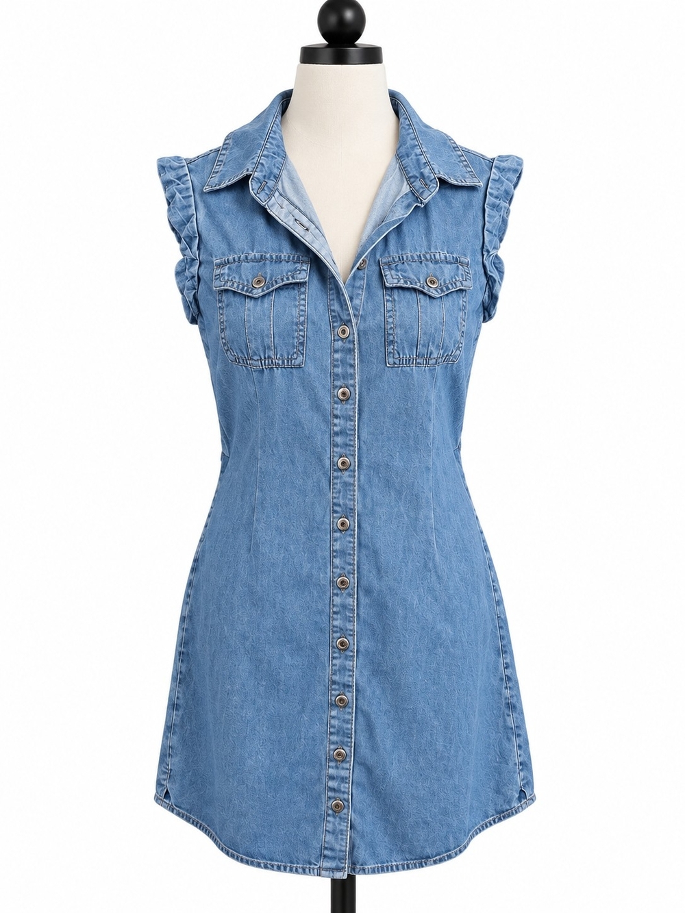 Louise Paris Women’s M Blue Denim Ruffle Sleeve Button Front Dress